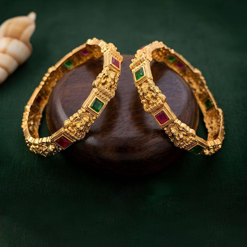 JS Fashion Temple Lakshmi Design Gold Bangles With Stone Work