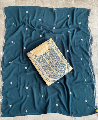 KC Khadi Cotton White Suit With Blue Dupatta 3 Piece Pair For Women