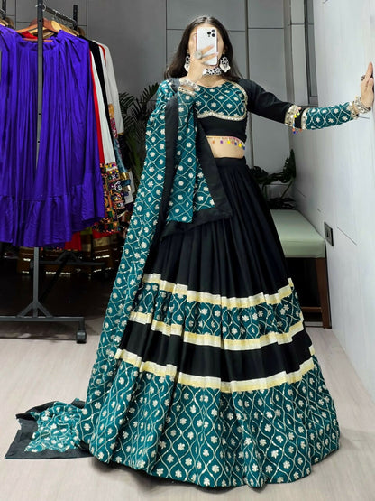 Yash Enterprise Green Black Rayon Cotton Embroidery Semi Stitched Navratri Top Chaniya Choli