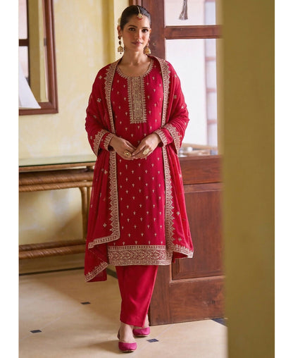 KC Rani Pink Georgette Straight Suit With Heavy Embroidery
