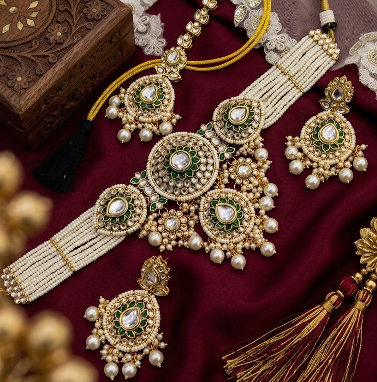Jewel City Traditional Handcrafted Kundan Pearl Bridal Jewelry Set - Gold-Plated Ethnic Choker Necklace with Earrings & Maang Tikka