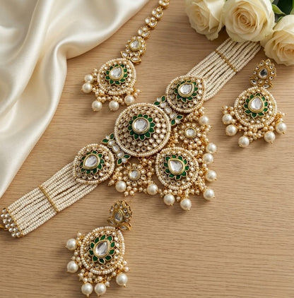 Jewel City Traditional Handcrafted Kundan Pearl Bridal Jewelry Set - Gold-Plated Ethnic Choker Necklace with Earrings & Maang Tikka