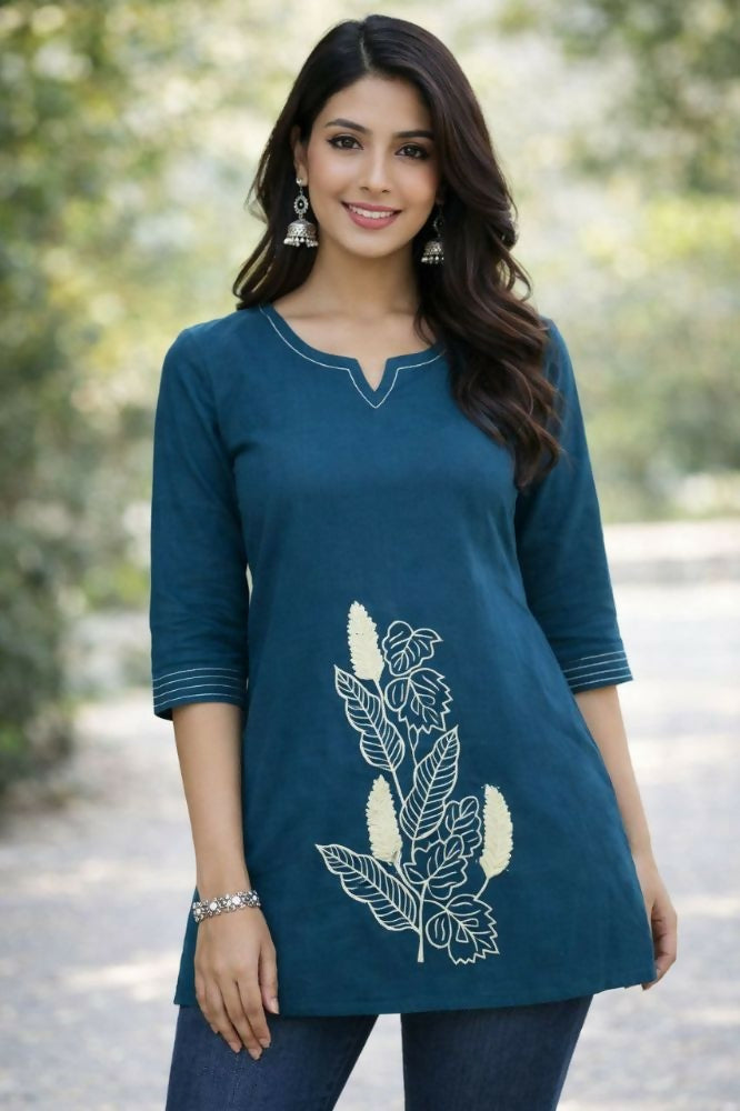 Teeya Creation Womens New Latest Cotton Blue Floral Embroidered Short Kurti