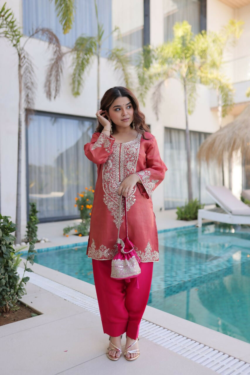 Teeya Creation Womens Wear Peach,Pink Color Viscose Fabric With Sequins & Coding Zari Embroidered Work Kurta Pant Set