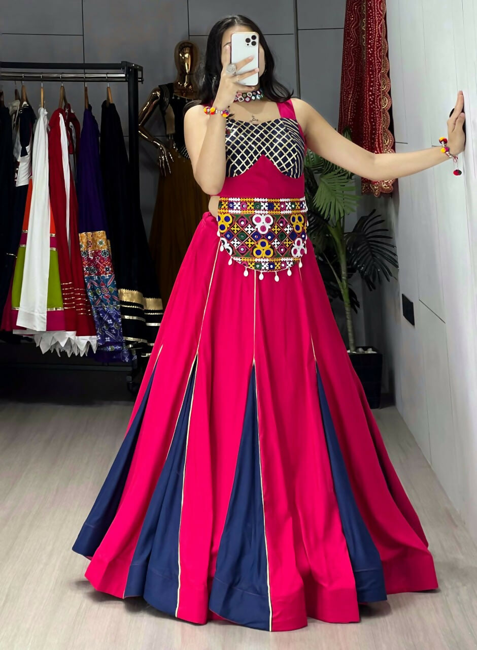 Yash Enterprise Gajari Navy Blue Rayon Cotton Embroidery Semi Stitched Navratri Top Chaniya Choli
