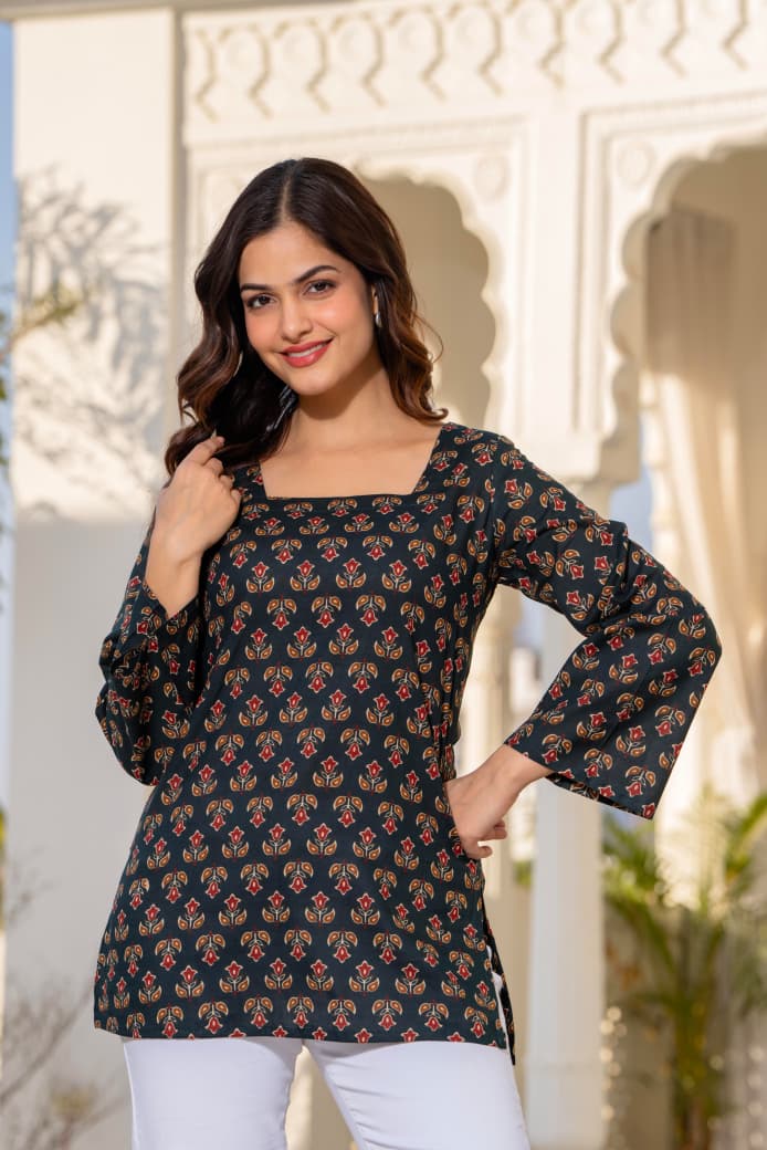 Jaitra Apparels Black Pure Cotton Printed Short Kurti With Back Lace Tie-ups