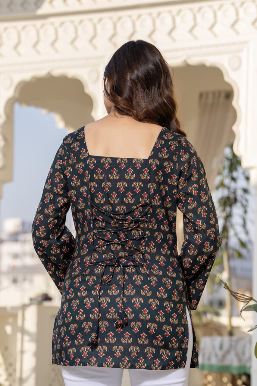 Jaitra Apparels Black Pure Cotton Printed Short Kurti With Back Lace Tie-ups