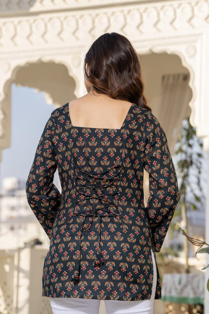 Jaitra Apparels Black Pure Cotton Printed Short Kurti With Back Lace Tie-ups