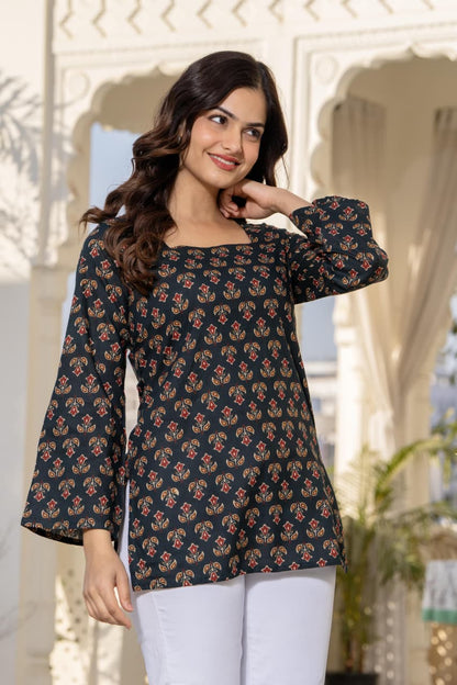 Jaitra Apparels Black Pure Cotton Printed Short Kurti With Back Lace Tie-ups