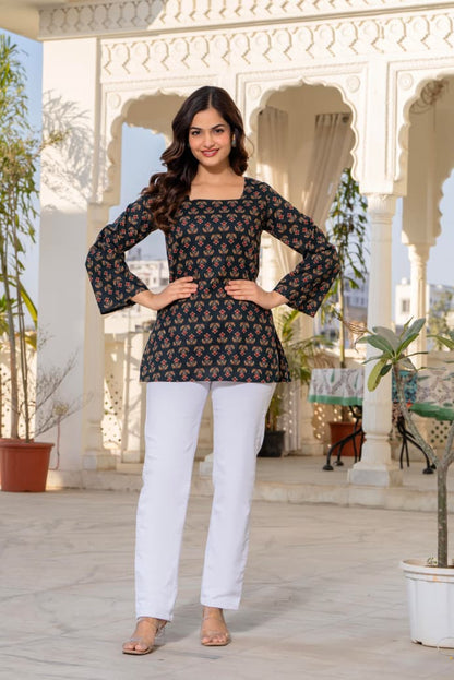 Jaitra Apparels Black Pure Cotton Printed Short Kurti With Back Lace Tie-ups