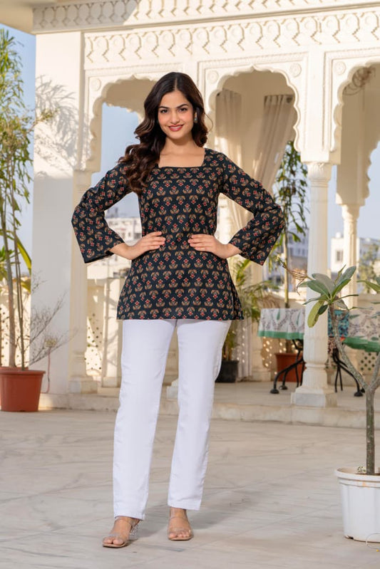 Jaitra Apparels Black Pure Cotton Printed Short Kurti With Back Lace Tie-ups