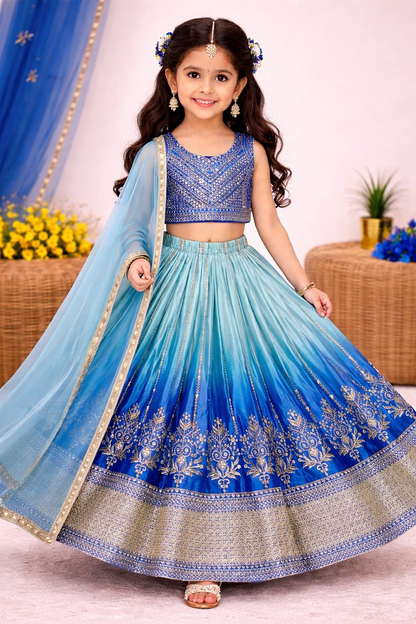Evanik Blue Designer Chinon Silk Embroidered Work Wedding Lehenga Choli For Kids