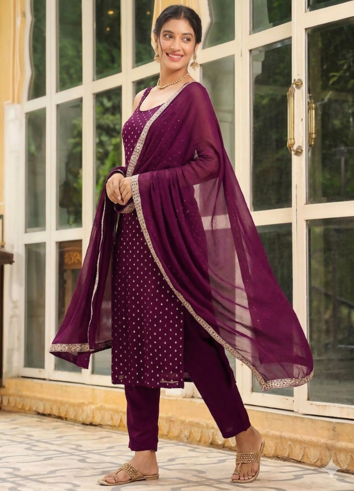 Teeya Creation Womens New Elegant Wine Embroidered Kurti with Matching Bottom Set