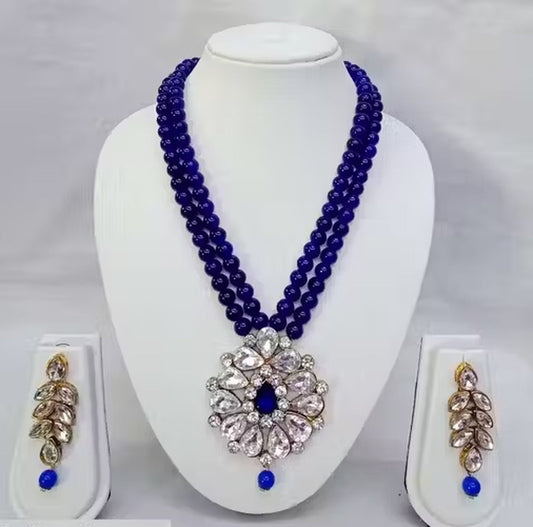 Jewel City Traditional Handcrafted Ethnic Blue Beaded Necklace Set with Gold-Plated Finish & Studded Stones