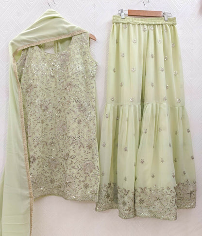 Teeya Creation Womens Georgette Green Embroidered Sharara Set With Sequence Work And Lace Border Dupatta