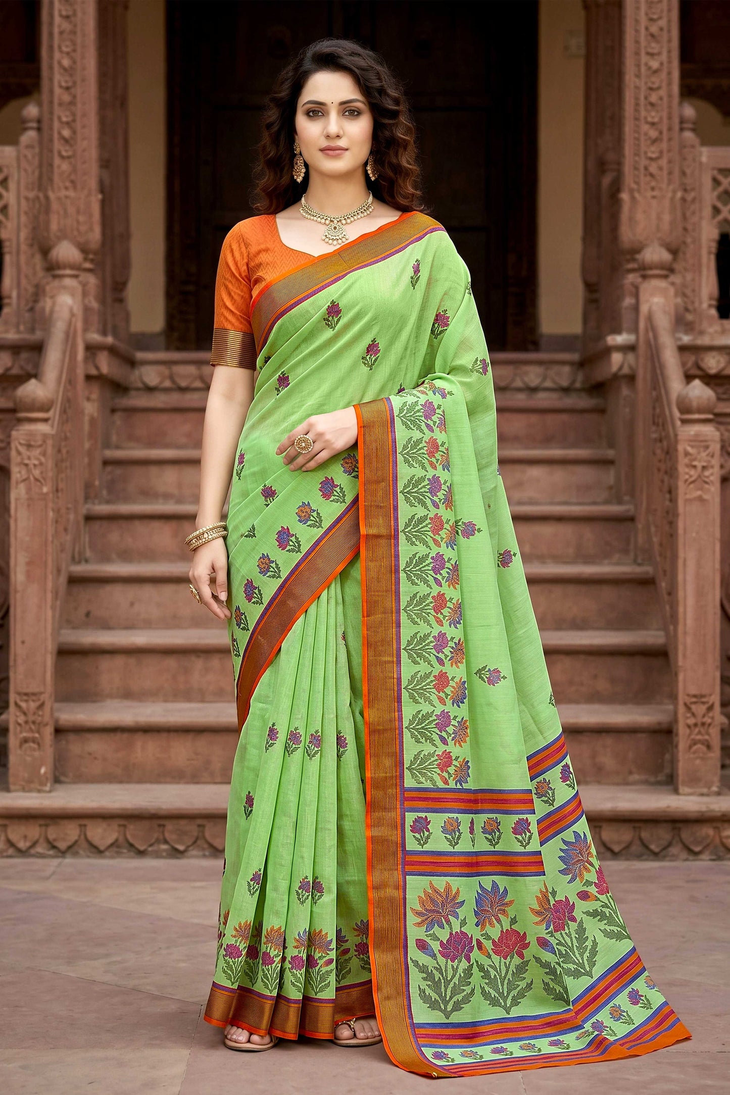 Sangam Prints Parrot Green Cotton Print Woven Work Traditional Saree