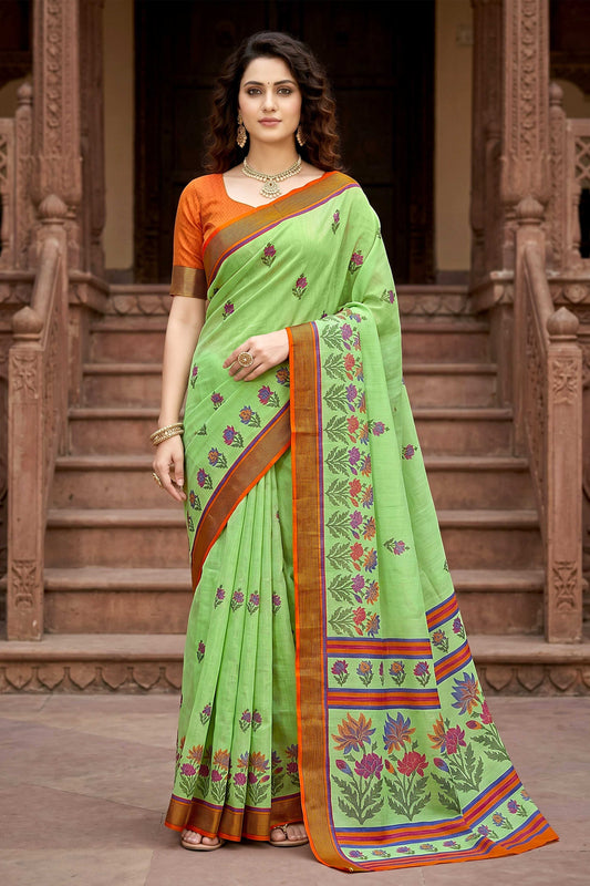 Sangam Prints Parrot Green Cotton Print Woven Work Traditional Saree