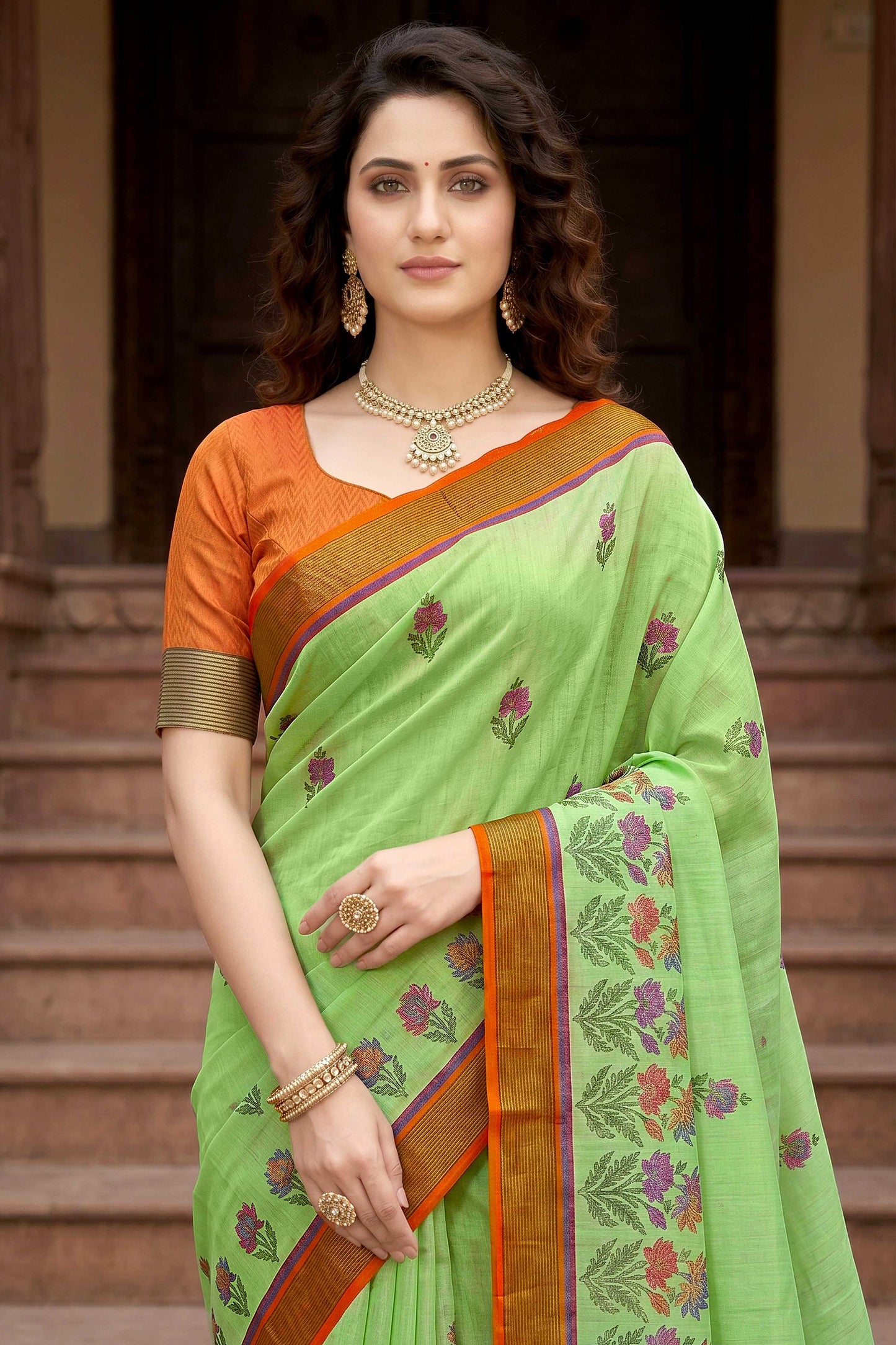 Sangam Prints Parrot Green Cotton Print Woven Work Traditional Saree