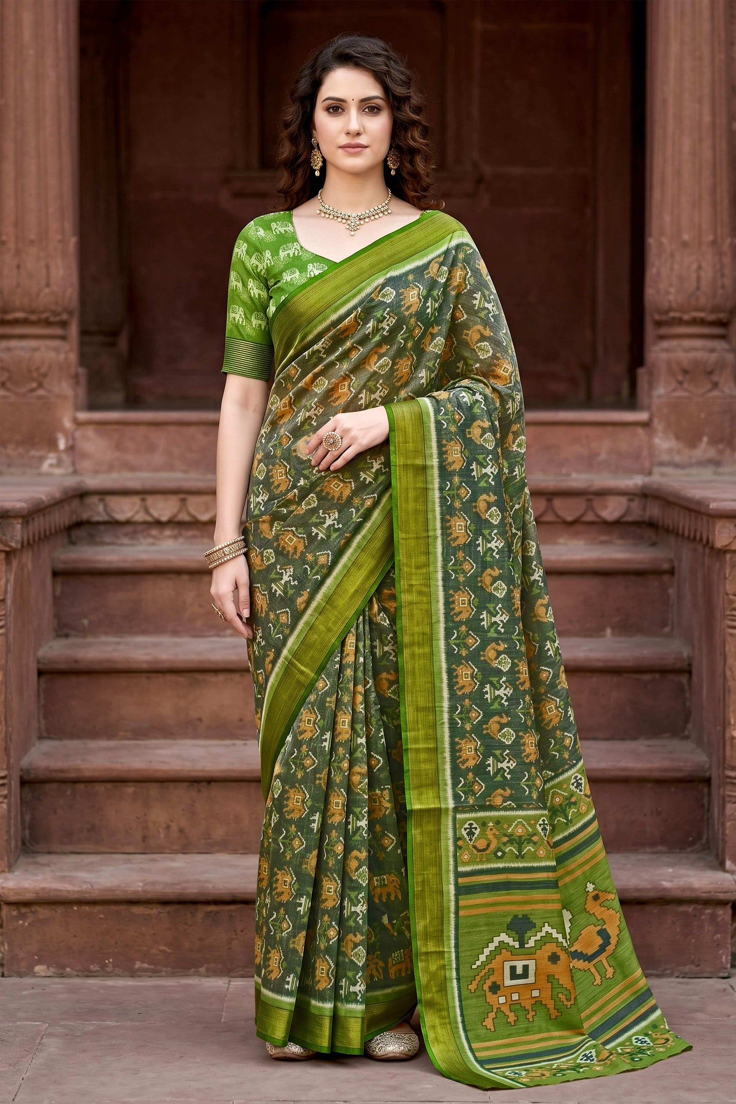 Sangam Prints Mehndi Green Cotton Print Woven Work Traditional Saree