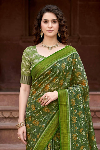 Sangam Prints Mehndi Green Cotton Print Woven Work Traditional Saree