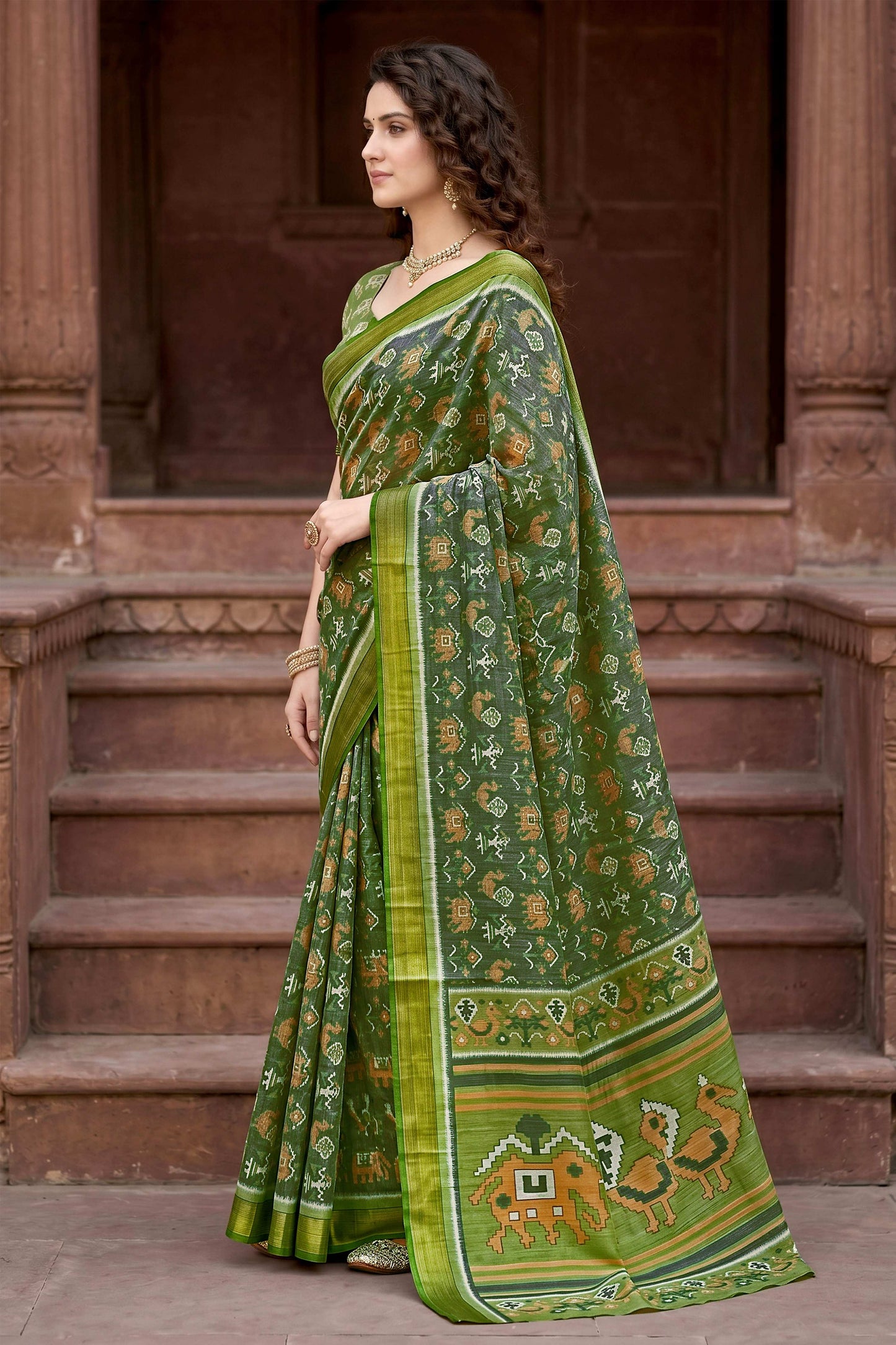 Sangam Prints Mehndi Green Cotton Print Woven Work Traditional Saree