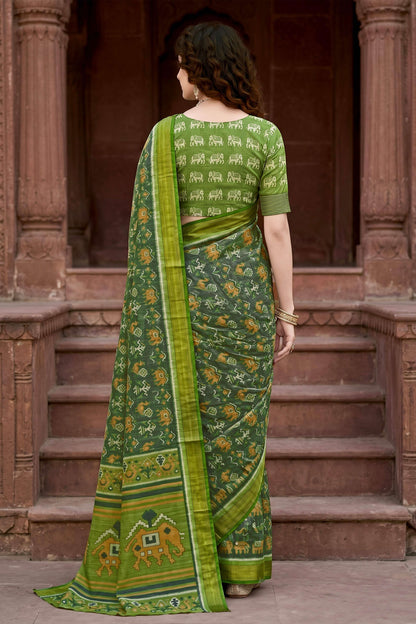 Sangam Prints Mehndi Green Cotton Print Woven Work Traditional Saree