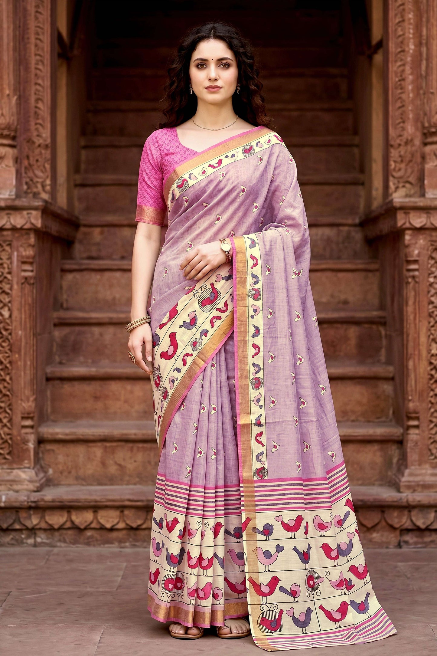 Sangam Prints Lavender Cotton Print Woven Work Traditional Saree