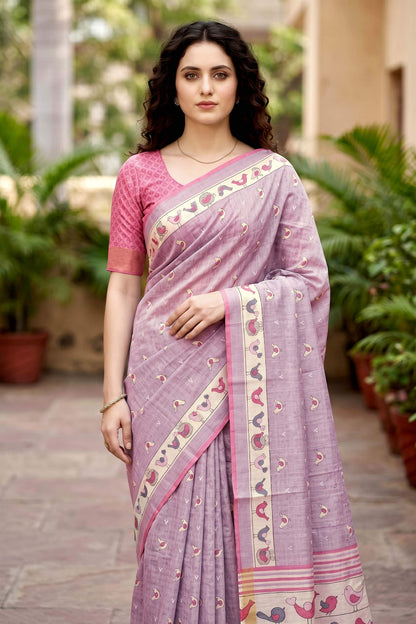 Sangam Prints Lavender Cotton Print Woven Work Traditional Saree
