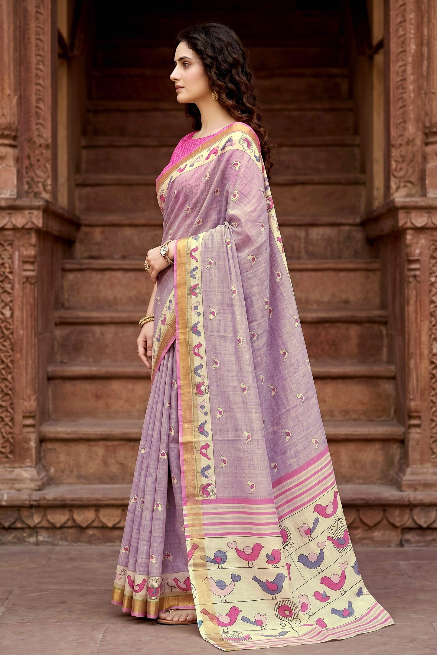 Sangam Prints Lavender Cotton Print Woven Work Traditional Saree