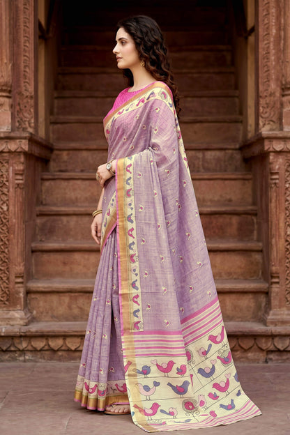 Sangam Prints Lavender Cotton Print Woven Work Traditional Saree