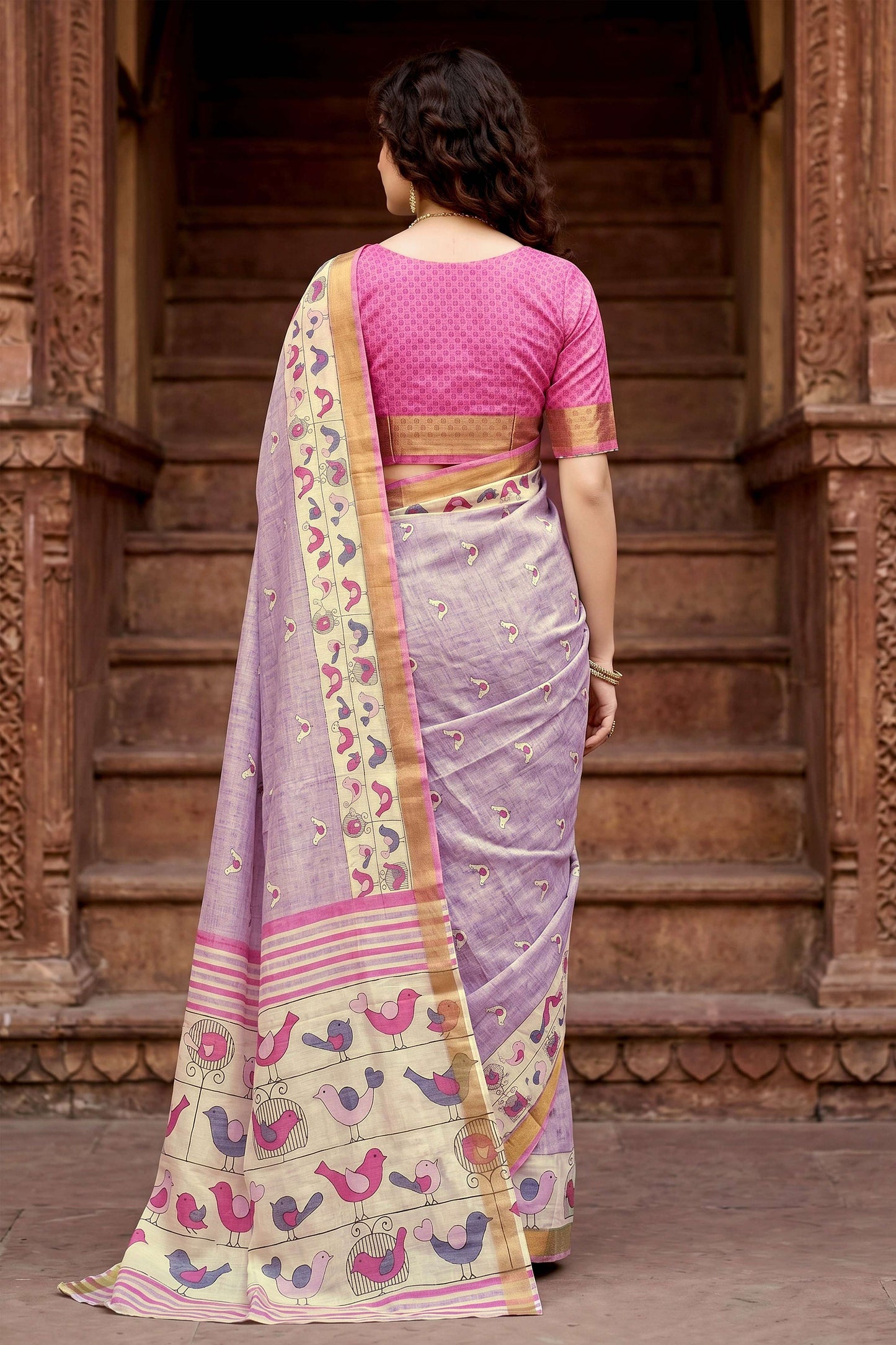 Sangam Prints Lavender Cotton Print Woven Work Traditional Saree