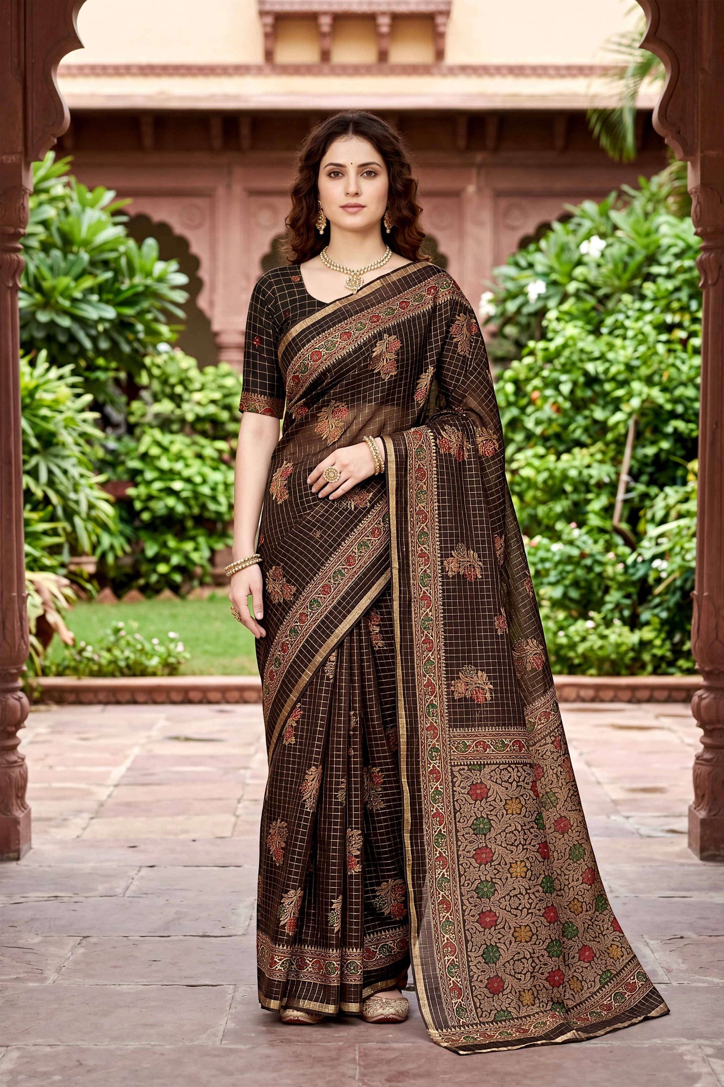 Sangam Prints Coffee Brown Cotton Print Woven Work Traditional Saree