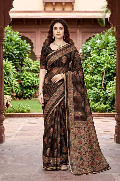 Sangam Prints Coffee Brown Cotton Print Woven Work Traditional Saree