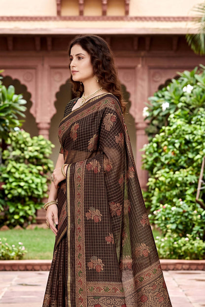 Sangam Prints Coffee Brown Cotton Print Woven Work Traditional Saree