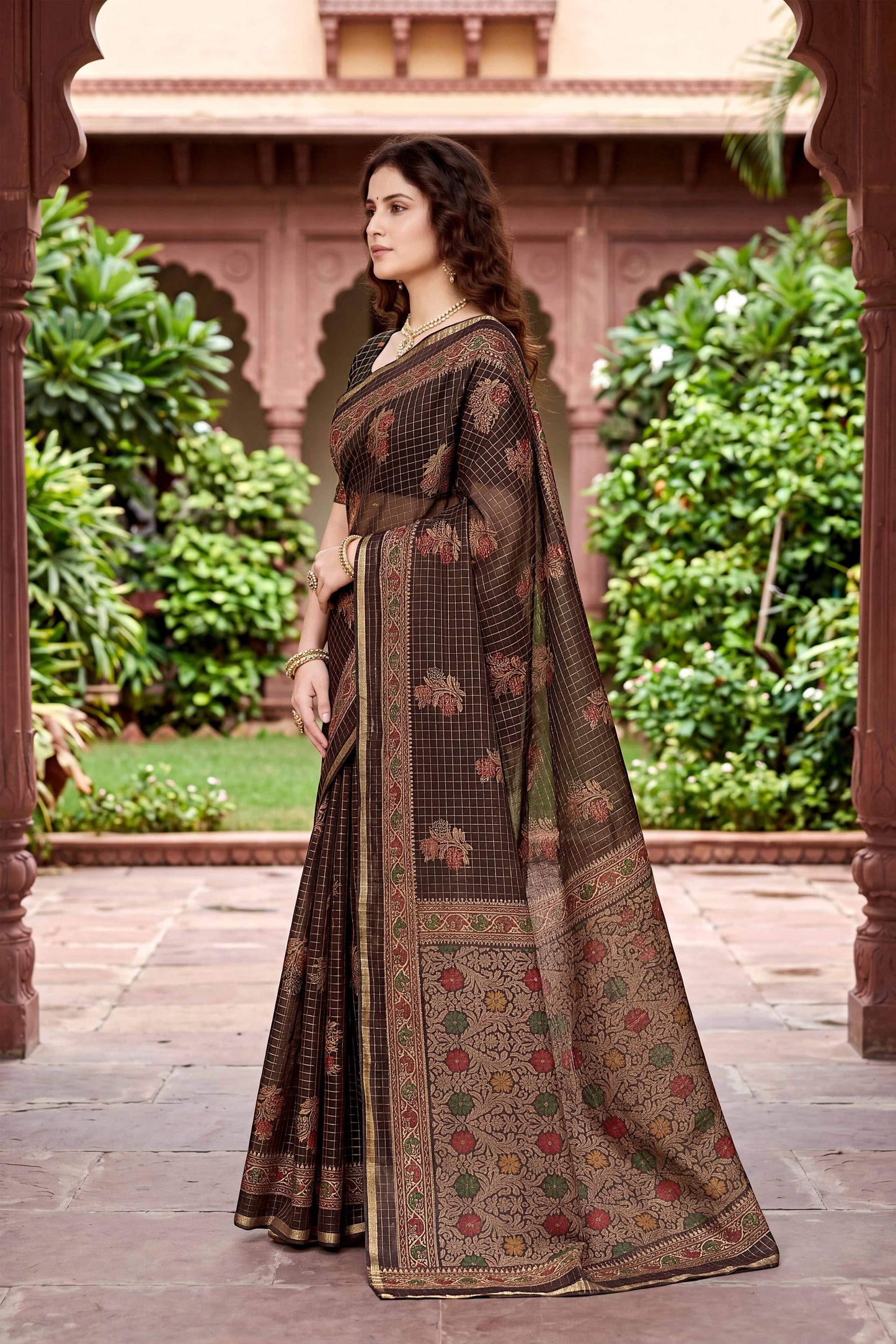 Sangam Prints Coffee Brown Cotton Print Woven Work Traditional Saree