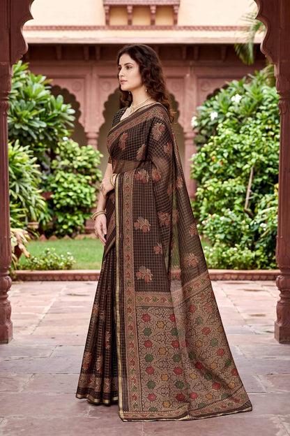 Sangam Prints Coffee Brown Cotton Print Woven Work Traditional Saree