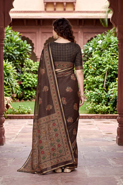 Sangam Prints Coffee Brown Cotton Print Woven Work Traditional Saree