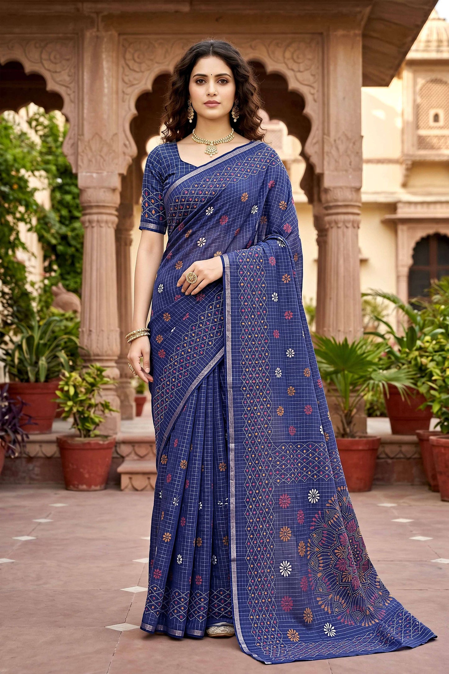 Sangam Prints Navy Blue Cotton Print Woven Work Traditional Saree