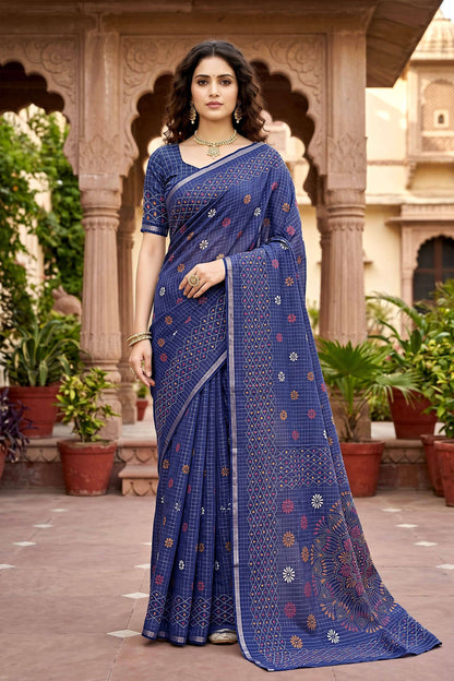 Sangam Prints Navy Blue Cotton Print Woven Work Traditional Saree
