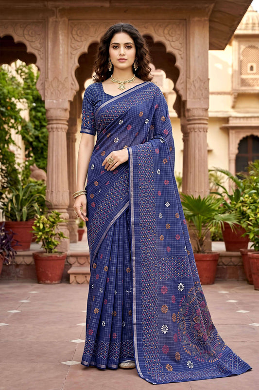 Sangam Prints Navy Blue Cotton Print Woven Work Traditional Saree
