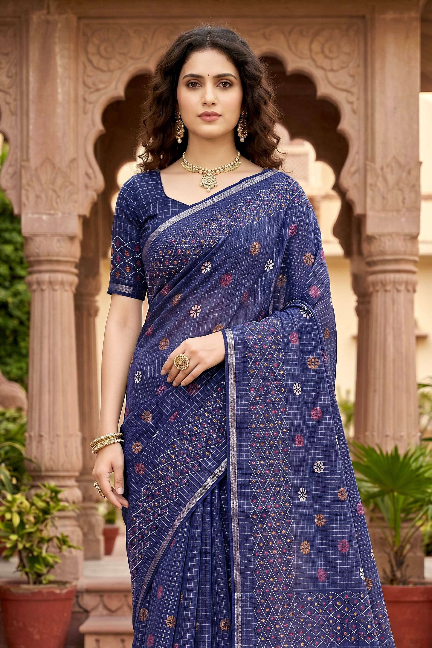 Sangam Prints Navy Blue Cotton Print Woven Work Traditional Saree