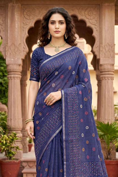 Sangam Prints Navy Blue Cotton Print Woven Work Traditional Saree