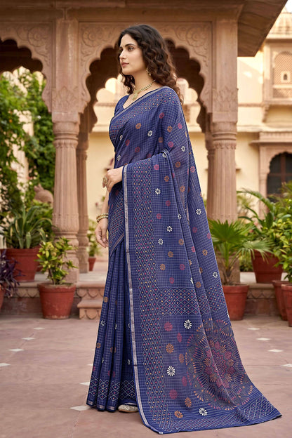 Sangam Prints Navy Blue Cotton Print Woven Work Traditional Saree