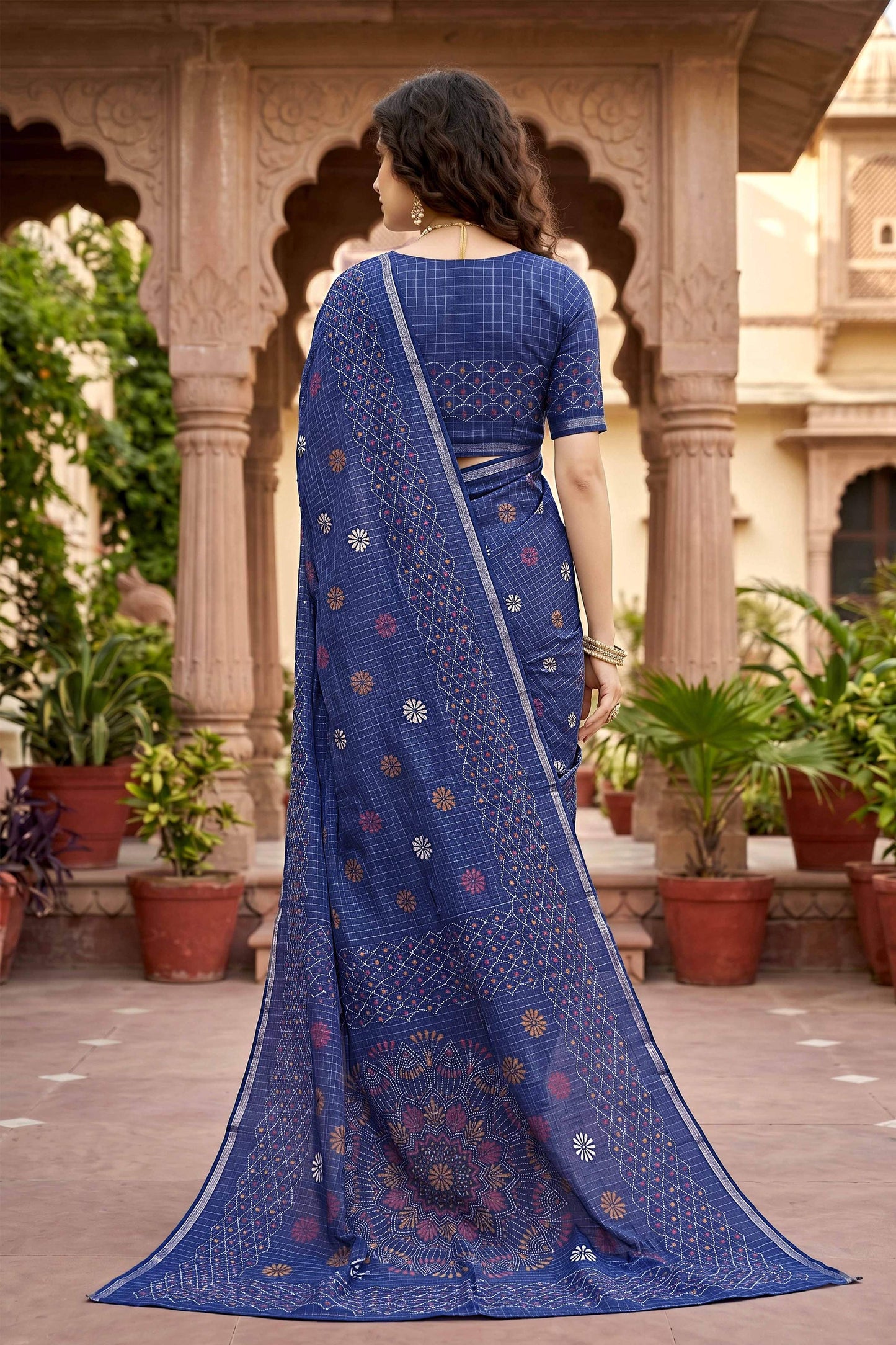 Sangam Prints Navy Blue Cotton Print Woven Work Traditional Saree