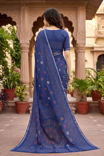 Sangam Prints Navy Blue Cotton Print Woven Work Traditional Saree