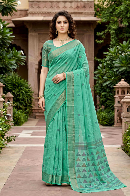Sangam Prints Mint Green Cotton Print Woven Work Traditional Saree