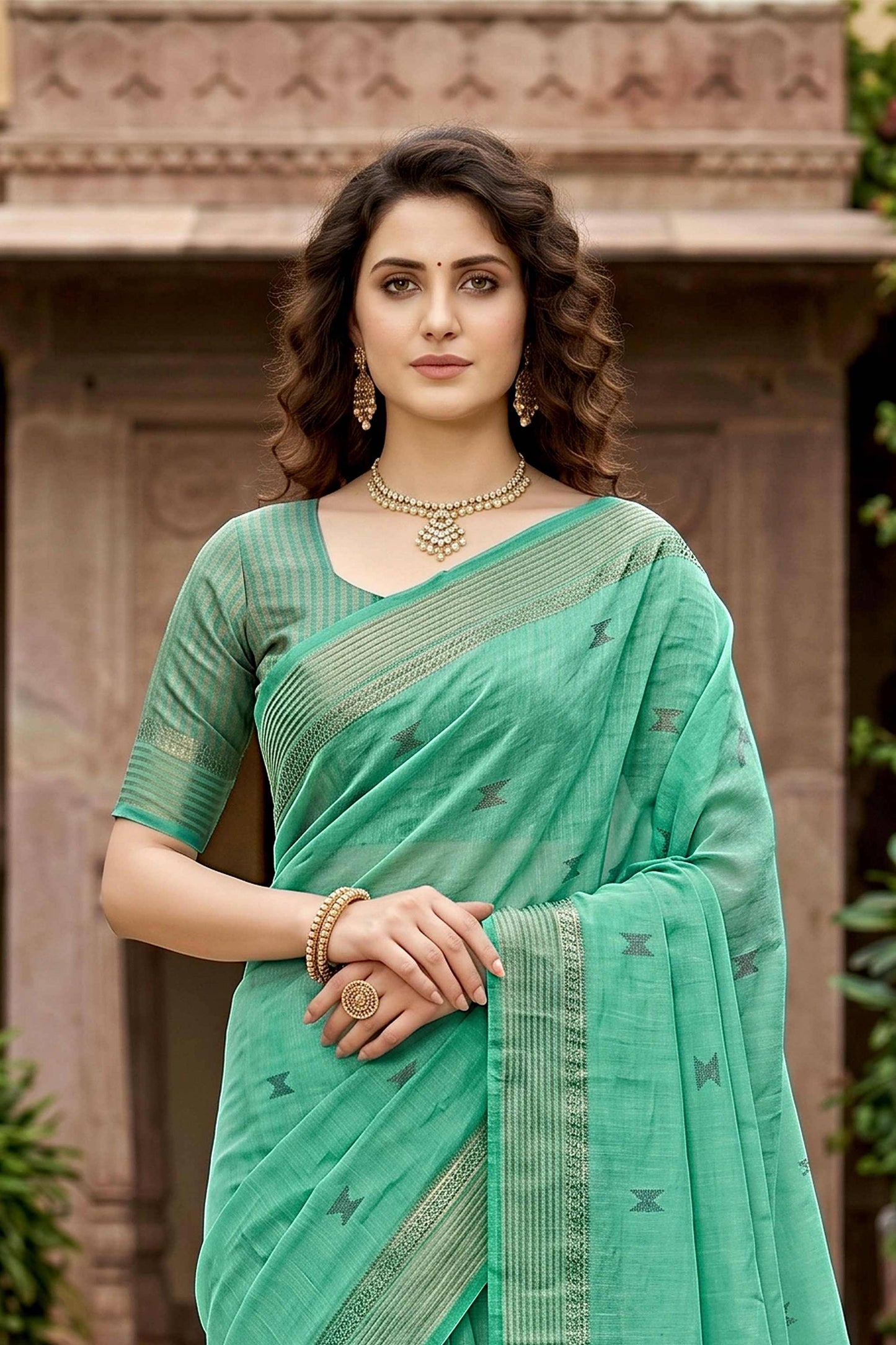 Sangam Prints Mint Green Cotton Print Woven Work Traditional Saree