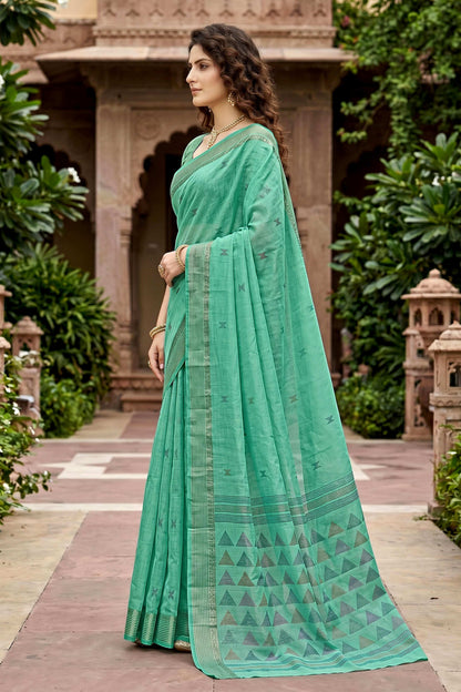 Sangam Prints Mint Green Cotton Print Woven Work Traditional Saree