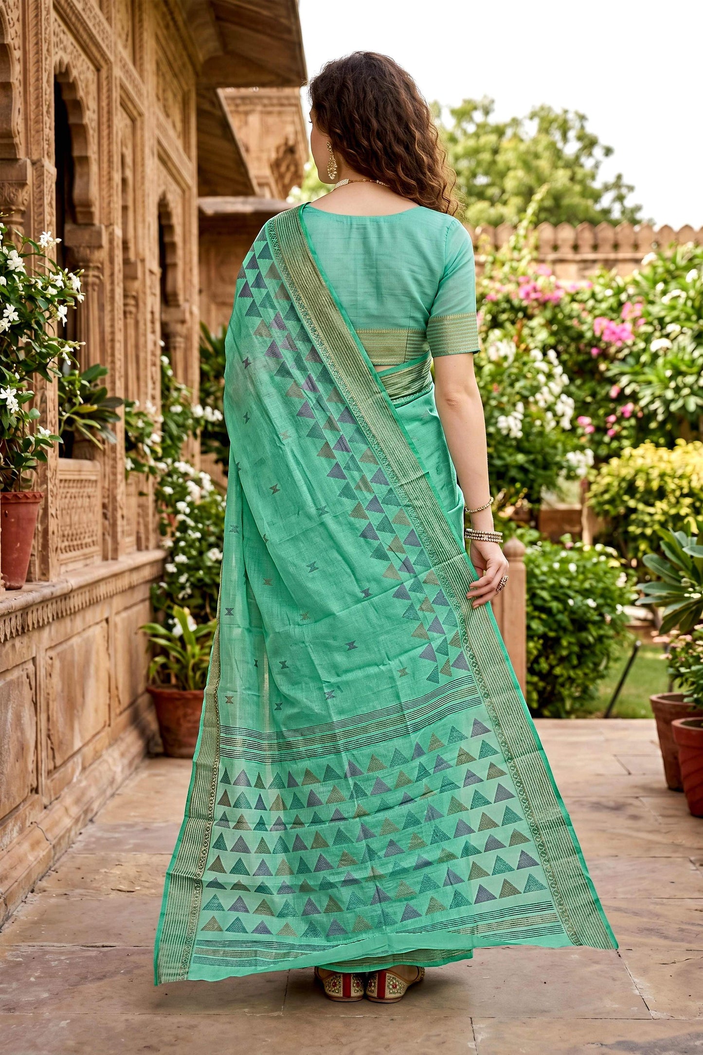Sangam Prints Mint Green Cotton Print Woven Work Traditional Saree