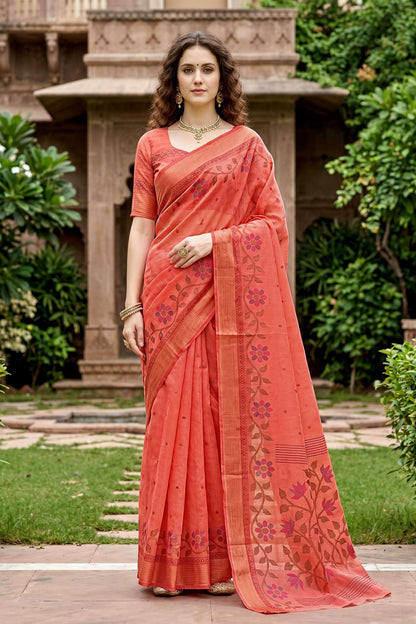 Sangam Prints Coral Orange Cotton Print Woven Work Traditional Saree